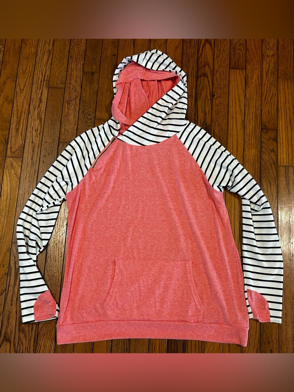 Women’s 2XL Coral Striped Colorblock Hoodie Side Zip Pullover Kangaroo Pocket